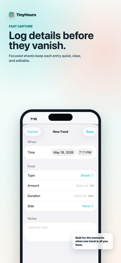 TinyHours feed logging form with focused entry fields.