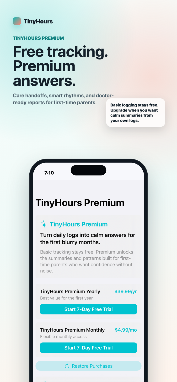 TinyHours Premium screen with yearly and monthly subscription options.