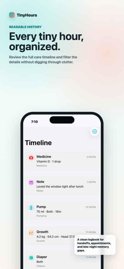 TinyHours Timeline screen showing organized baby care logs.