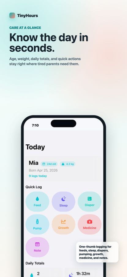 TinyHours Today screen with baby age, weight, quick logs, and daily totals.